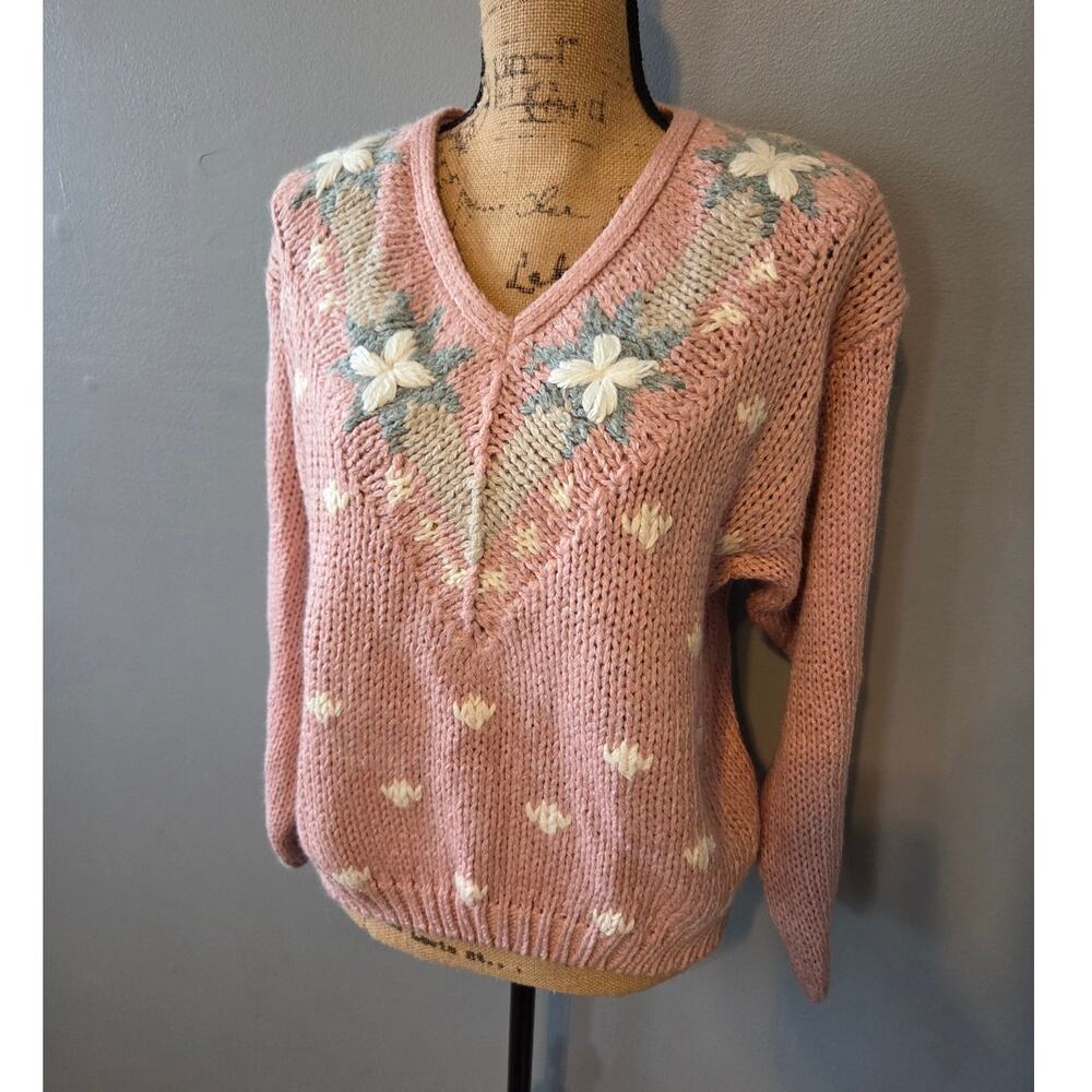 Shenanigans hand knit grandma sweater vtg pink floral vneck L